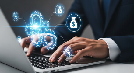 Fototapete - Business automation strategy using laptop for financial analysis and digital transformation process flow