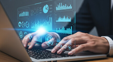 Fototapete - Data analytics dashboard on laptop screen for business intelligence and data visualization insights