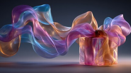 Poster - Colorful shimmering fabric wraps a translucent gift box against a moody dark background in a studio setting during daytime