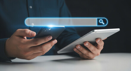 Poster - Search engine optimization mobile devices searching online information using tablet and phone app 100