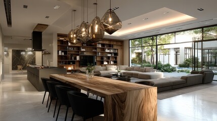 Aufkleber - Beautiful spacious living room with open floor plan design and large windows overlooking a landscaped backyard creating a seamless indoor outdoor living experience