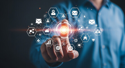 Fototapete - Digital transformation technology concept with finger touching interface and network connection icons