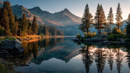 Poster - Serene mountain lake reflects vivid autumn colors at sunset in the Eastern Sierra Nevada