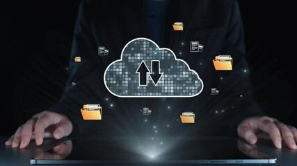 Poster - A conceptual image depicting cloud computing with a laptop, showcasing file upload and download symbols, representing digital storage solutions and data management. Qubit