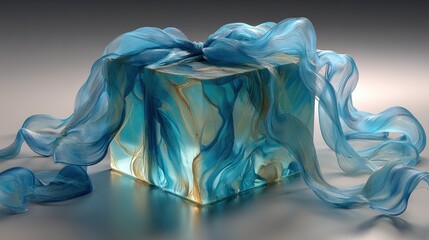 Poster - Colorful shimmering fabric wraps a translucent gift box against a moody dark background in a studio setting during daytime