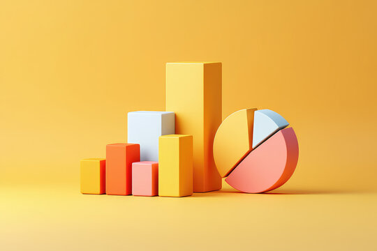 Colorful 3D Rendered Business Data Visualization with Bar Chart and Pie Chart on a Yellow Background for Financial Analysis and Statistical Reporting, Growth