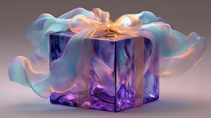 Poster - Colorful shimmering fabric wraps a translucent gift box against a moody dark background in a studio setting during daytime