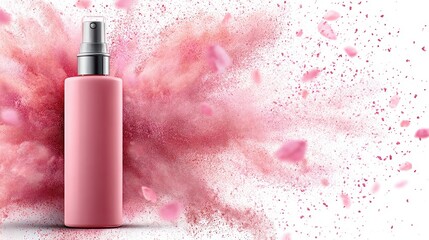 Poster - Pink spray bottle resting on a fluffy pink background suggesting beauty, skincare, or fragrance advertisement, promoting a sense of softness and luxury