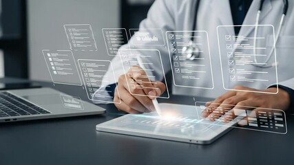 Poster - Doctor using tablet with digital check list and laptop on a desk in a modern office space
