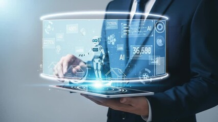 Fototapete - Man in suit holding tablet showcasing ai robot and house icons with data visualizations overlaying it all