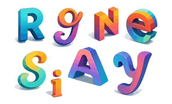 Set of colorful 3D stylized alphabet letters in gradient colors including R, G, N, E, S, I, A, Y with playful and bold shapes. Modern decorative typography design isolated on white background. Artisti