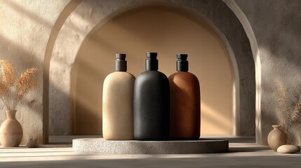 Fototapete - Creative studio featuring colorful arches, botanical elements, and minimalist bottles for abstract product presentation