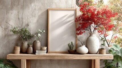 Aufkleber - Golden frame mockup stands against a textured wall on a wooden floor near a window with sunlit shadows in a room