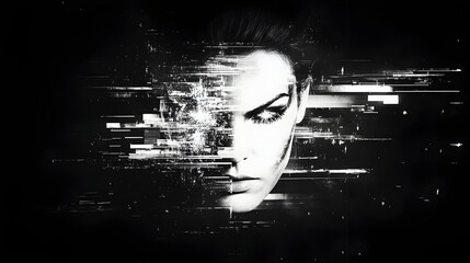 woman, digital glitch, face, abstract, dark background, futuristic, art, technology, website