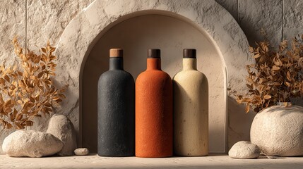 Fototapete - Creative studio featuring colorful arches, botanical elements, and minimalist bottles for abstract product presentation