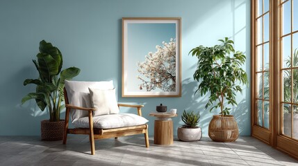 Aufkleber - Golden frame mockup stands against a textured wall on a wooden floor near a window with sunlit shadows in a room
