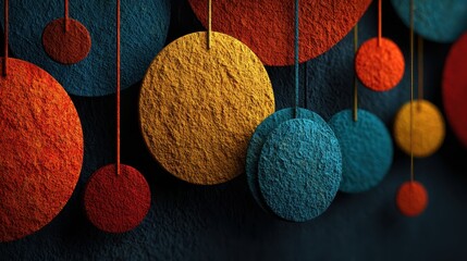 Aufkleber - Hanging circular textured shapes in shades of red, orange, yellow and blue create a unique and colorful abstract design