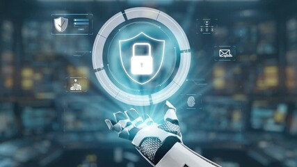 Poster - A futuristic robotic hand holds a digital security shield icon, symbolizing advanced technology and cyber security measures in a high-tech environment. Auvana