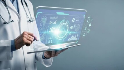 Poster - Doctor in white coat using digital tablet with holographic medical interface display in a blue tone