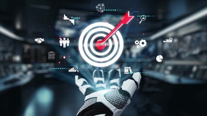 Poster - A futuristic robotic hand reaches toward a vibrant target symbol, surrounded by various icons representing technology and business success in a sleek control room environment. Auvana