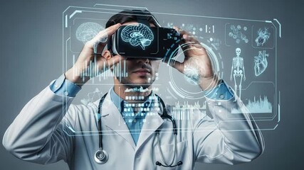 Poster - Doctor using virtual reality headset displaying brain heart and skeleton graphics on screen