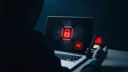 Poster - Person viewing laptop with red lock and ai icon and phone with phishing alert message displayed