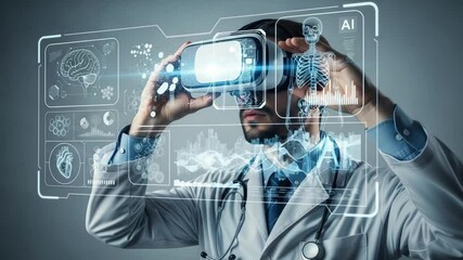 Poster - Doctor in lab coat uses virtual reality headset with ai interface and medical data overlays