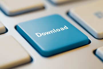Poster - Close-up of a blue 'Download' key on a computer keyboard. Ideal for technology, internet, or software download themes. Buttons indicate digital functionality.