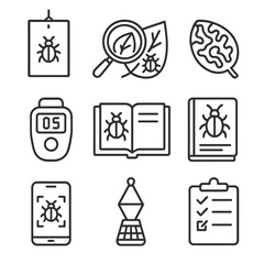 Pest Monitoring Icons. Line style icons of pest monitoring and detection: yellow sticky trap, magnifying glass on leaf, pest