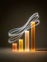 Poster - Stacked Bar Chart Illustrates Growth With Dynamic Light Trail on a Dark Background, Symbolizing Progress and Increasing Values Over Time