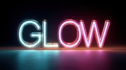 Fototapete - Glow neon word glowing on black background with shiny surface reflections in turquoise and pink colors showing positive energy
