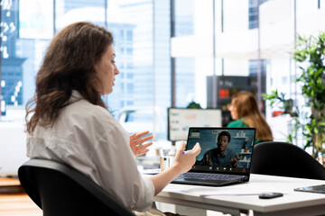 Poster - HR expert negotiating job offers and salary packages with candidate during videocall chat. Recruiter analyzing applicant resume and cover letter, doing teleconference meeting