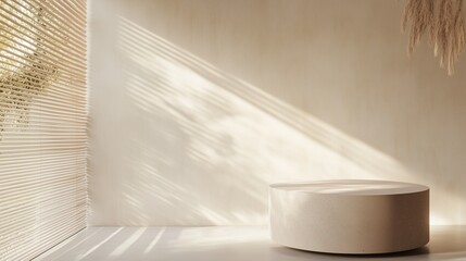 Poster - Modern interior design featuring a circular table in a bright, minimalist space with natural light