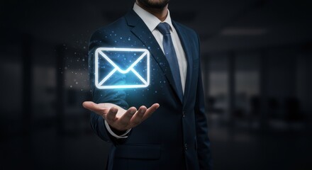 Man in suit holds glowing email icon in hand against dark background.