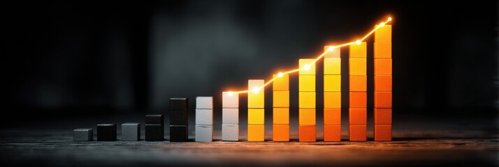 Poster - Stacked Bar Chart Displaying Growth With a Radiant Light Trail on a Dark Neutral Background Showcasing Data Trends and Progress
