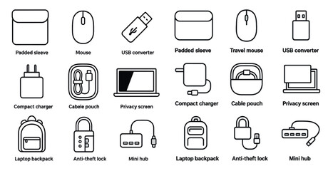 Poster - Outline icons of electronic and office equipment with labels underneath.