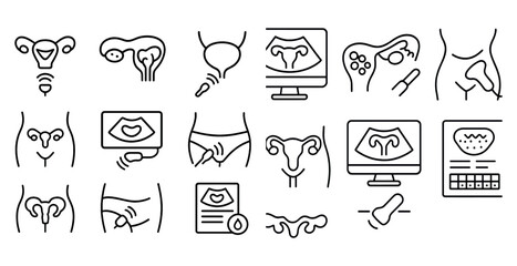 Poster - Medical icons showing reproductive organs and pregnancy tests, line art.