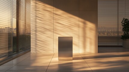 Poster - Sunlight casts dramatic shadows on a sleek metal pedestal in a modern interior during twilight in an urban setting
