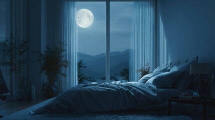 Aufkleber - Serene Bedroom Illuminated by Moonlight Creates a Calming Atmosphere for Restful Sleep During the Night