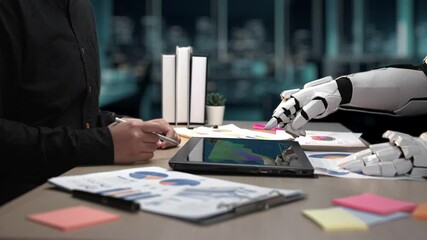 Poster - In a well-equipped meeting space, professionals lean on AI support to decipher hidden patterns, adjusting strategic viewpoints and reinforcing a vibrant marketing plan. Noogenesis AI