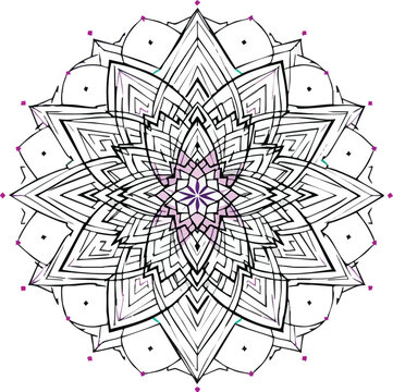 Intricate floral mandala design with geometric shapes and subtle purple accents on white background.