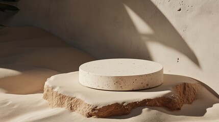 Poster - Minimalist pedestal on sandy surface in softly lit environment showcasing modern design elements