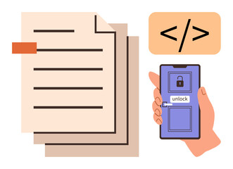 Poster - Hand holding smartphone with unlock screen, documents, and coding tag signal digital access, security, software development. Ideal for cybersecurity, coding, privacy, technology authentication