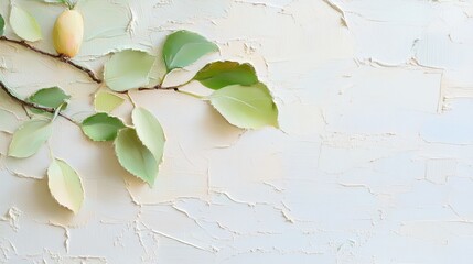 Poster - Natural branch with fresh leaves and an unripe fruit against a textured white background
