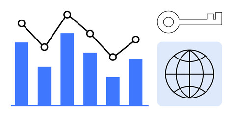 Poster - Bar chart, line graph, globe, key visualizing analytics, global reach, security, research, innovation strategy and decision-making. Ideal for business online tools tech solutions simple flat