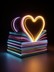 Poster - Stacked Books Forming a Heart Shape With a Radiant Glow at the Center During a Creative Art Display