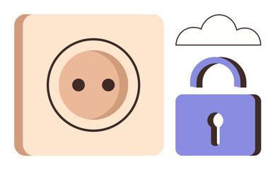 Poster - Power outlet symbol alongside a cloud and a padlock. Ideal for energy, security, data protection, cloud storage, internet safety, technology design, and a simple flat metaphor