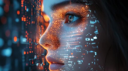 Poster - A mesmerizing display of vibrant lights dances across a thoughtful face, blending the realms of technology and emotion. This captivating fusion showcases the beauty of innovation in a dark ambiance.