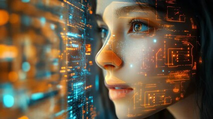 Poster - A captivating close up reveals a person immersed in thought, their gaze fixed on mesmerizing digital projections. The blend of human emotion and technology creates a powerful moment of contemplation.