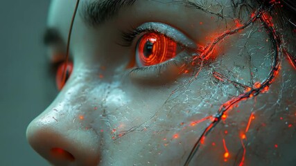 Poster - In a captivating display of technology and artistry, an ethereal character emerges, showcasing glowing orange eyes and delicate strands of light against a backdrop of intricate textures and details.
